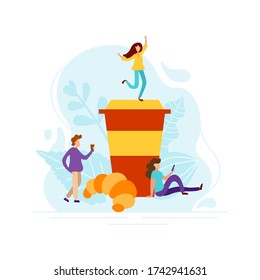Good morning concept with small people. Wake up with fresh coffee and croissant. Vector flat graphic design illustration.