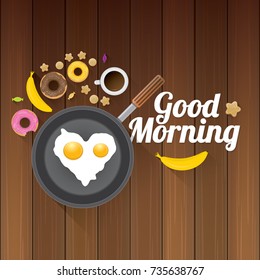 good morning concept. vector top view wooden table with breakfast chicken egg in a frying pan, white coffee cup , sweet donuts, cookies, fruits. vector morning food set 