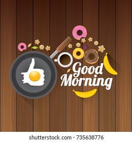 good morning concept. vector top view wooden table with breakfast chicken egg in a frying pan, white coffee cup , sweet donuts, cookies, fruits. vector morning food set 