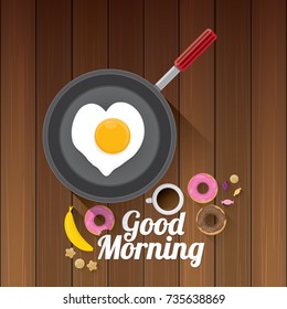 good morning concept. vector top view wooden table with breakfast chicken egg in a frying pan, white coffee cup , sweet donuts, cookies, fruits. vector morning food set 