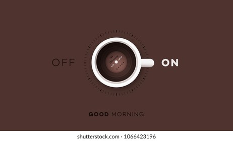 Good Morning. Conceptual Motivation Illustration. Cup Of Coffee With Vinyl Record Inside And Abstract On Off Switcher. Vector EPS 10.