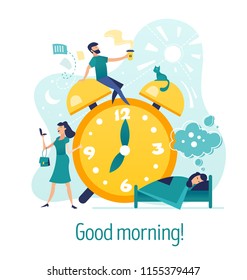 Good morning. Creative abstract concept with flat cartoon characters around alarm clock. Morning coffee, woman does make-up, girl sleeps in bed and see dreams. EPS10 vector illustration isolated.