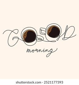 Good morning with a cup of coffee one line drawing. Good morning with a cup of coffee single line illustration. Good morning with a cup of coffee minimalist line art