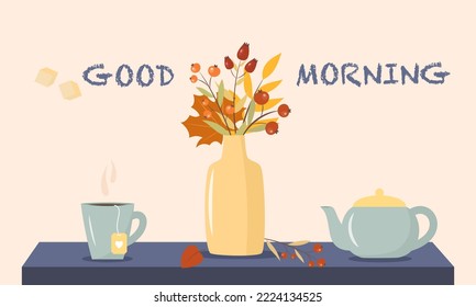 Good morning with a cup of tea and a bouquet of autumn leaves. Flat style. Vector illustration 