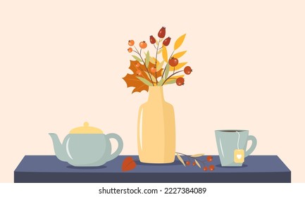 Good morning with a cup of tea and a bouquet of autumn leaves. Flat style. Vector illustration 