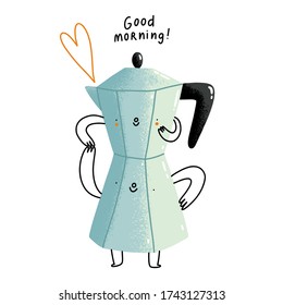 Good morning, cute cartoon coffee pot, vector illustration