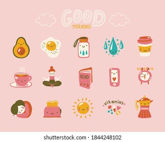 Good morning! Cute positive icons set about morning habits and rituals.