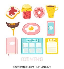 Good morning. Cute set of girlish stickers. Vector illustration in a simple cartoon style.