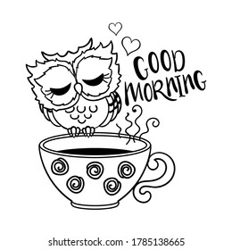 Good morning. Cute, sleeping owl on a cup. Black and white. For the design of prints, posters, coloring books, cards, badges, stickers and so on. Vector illustration.