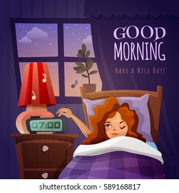 Good morning design composition with awakening cartoon girl and wishing nice day flat vector illustration 