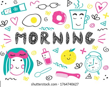 Good morning doodle set. Cartoon girl with pink eye mask and breakfast: cup of coffee, alarm clock, orange and fried egg. Vector illustration 