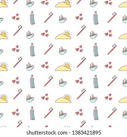 Good morning doodles seamless pattern, toothpaste, love, toothbrush