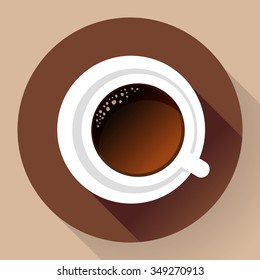 Good morning drink - hot cup of coffee. Flat Icon. Long shadow style.