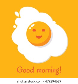 Good morning. Egg breakfast. Fried egg isolated on yellow background. Fried egg flat icon. Scrambled egg. Fried egg in cartoon style. Vector illustration