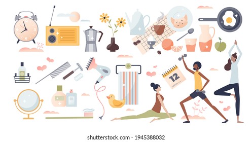 Good morning elements with rise and shine routine collection tiny person set. Healthy breakfast with coffee as beginning of new day vector illustration. Isolated objects with alarm clock for waking up