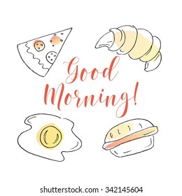 Good Morning. Food sketch. Vector hand drawn food elements. Breakfast food doodle set. Hand draw breakfast food. Morning set.