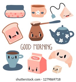 Good morning. Funny breakfast characters: toasts (bread), coffee, tea, milk, jam, croissant. Set of cute food and drink icons in kawaii style with smiling face. Vector collection