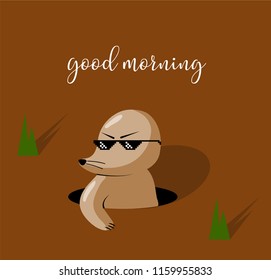 Good Morning funny cartoon mole drawing, vector illustration.