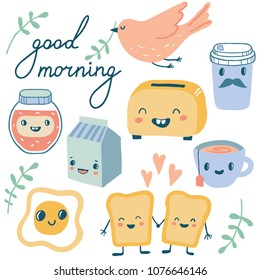 Good morning. Funny characters breakfast vector collection: toasts (bread), cup of coffee, tea, milk, toaster, fried egg. Set of cute food and drink icons in kawaii style with smiling face