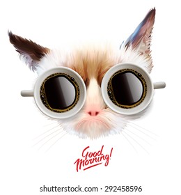 Good morning! Funny grumpy cat with cups of coffee glasses, vector illustration.