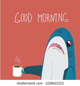 Good morning. Funny shalk with cups of coffee glasses, vector illustration