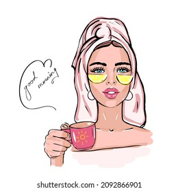 Buenos días chica con taza de café.  Ilustraciones de diseño vectorial de estilo dibujado a mano.