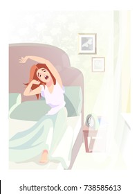 good morning girl stretch yawn in bed vector illustration