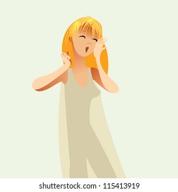 Good morning. Girl woke up in a nightie and yawns, vector illustration