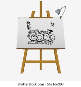 Good morning greeting card. Cup of coffee, newspaper, alarm clock, traffic light, morning sun. Vector stock illustration