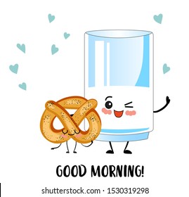 Good morning. Greeting card with cute cartoon characters. Croissant or pritzel and a glass of milk. Breakfast for children. Healthy food