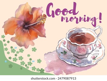 Buenos días tarjeta de felicitación con flores y una taza de café. Ilustración vectorial en estilo acuarela. Se puede utilizar como tarjeta, fondo de cubierta o mensaje de Web.