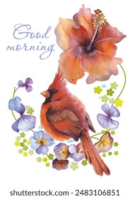 Good morning greeting card with flowers and Cardinal birds. Vector illustration in watercolor style. Can be used as a card, cover background or web message.

