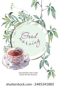 
Good morning greeting card with flowers and a cup of coffee. Vector illustration in watercolor style. Can be used as a card, cover background or web message.