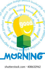Good morning greeting card, poster, print. Vector background with hand lettering, sun rays