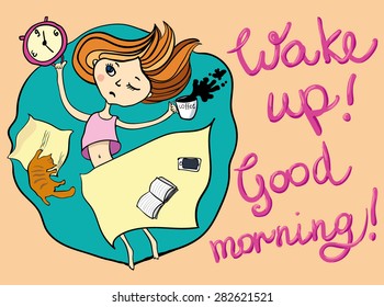 Good morning greeting card. Sleepy girl drinking coffee. Funny cartoon hand drawn illustration