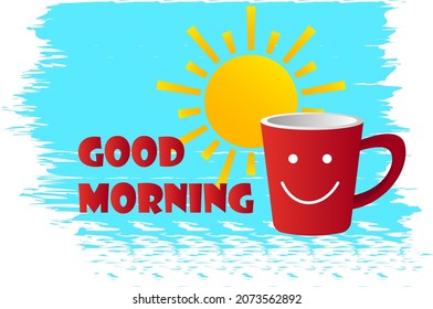 good morning greeting illustration with smiley red cup by vector design