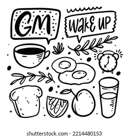 Good Morning hand drawn black color doodle style vector illustration. Isolated on white background.