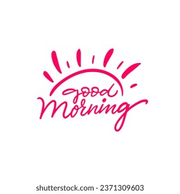 Good Morning hand drawn calligraphy text. Pink color vector lettering sign. Isolated on white background.