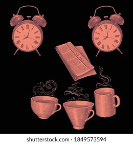 Good morning. Hand drawn engraving. Editable vector vintage illustration. Isolated on black background. 8 EPS