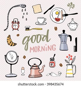 Good morning! Hand drawn vector illustration with icons 