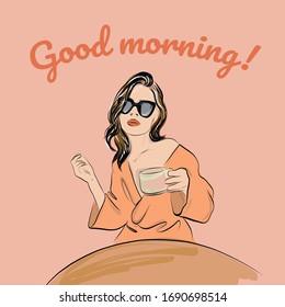 Good morning hand drawn woman with coffee in sunglasses and orange dress sitting on the table. 