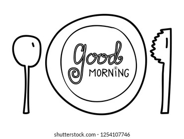 Good morning hand write sketch vector. Calligraphy illustration. Doodle breakfast menu.