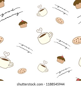 good morning hand written calligraphy brown earth tone coffee cake and cookie seamless pattern background for wrapping or textile fabric eps10 vector illustration