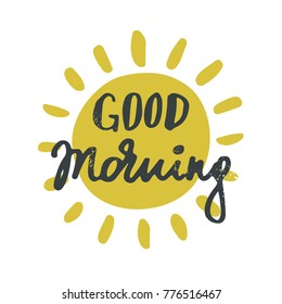 Good morning- handdrawn lettering in the shape of the sun. Handmade vector illustration.