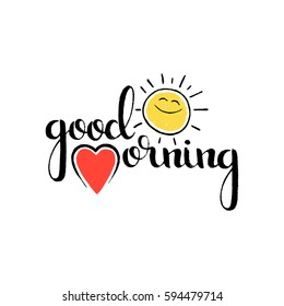Good morning handwritten lettering. Modern vector hand drawn calligraphy with heart and funny smiling sun isolated on white background for your design