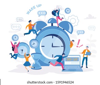 Good morning, happy people, daily morning life and routine. Vector illustration for web banner, infographics, mobile. Morning wake up alarm .