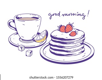 Good morning. Healthy breakfast. Hand drawn image for creative design of posters, menu, cards, websites, banners, etc. Vector image isolated on a white background.
