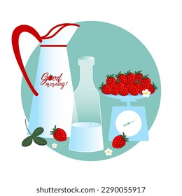Good morning healthy lifestyle concept vector illustration. Strawberries on a mechanical scale, a vintage jug and a bottle of milk, flowers and a leaf.