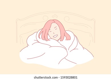 Good morning, home coziness, awaking woman concept. Positive emotion, day beginning, good mood, smiling girl basking in bed, female teenager wrapping up in blanket. Simple flat vector