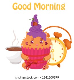 good morning illustration with alarm clock and cat cupcake